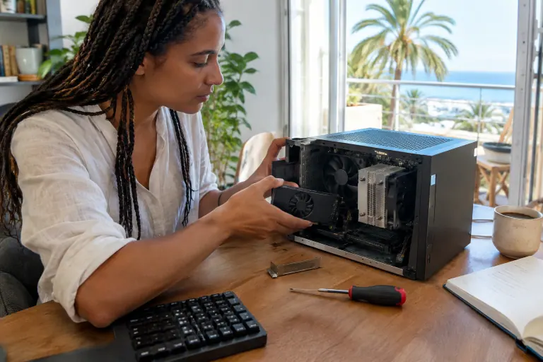 Une femme installe une petite carte graphique low profile à un ventilateur dans un PC de bureau compact couché sur son bureau, à Nice