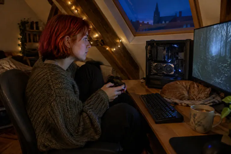 Le soir sous les toits à Strasbourg, une jeune femme joue à la manette devant un PC ouvert équipé d’une carte graphique compacte, son chat endormi à côté