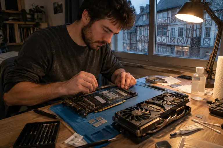 Un homme remplace les pads thermiques d’une carte graphique démontée sur un tapis en silicone, à la lumière d’une lampe de bureau