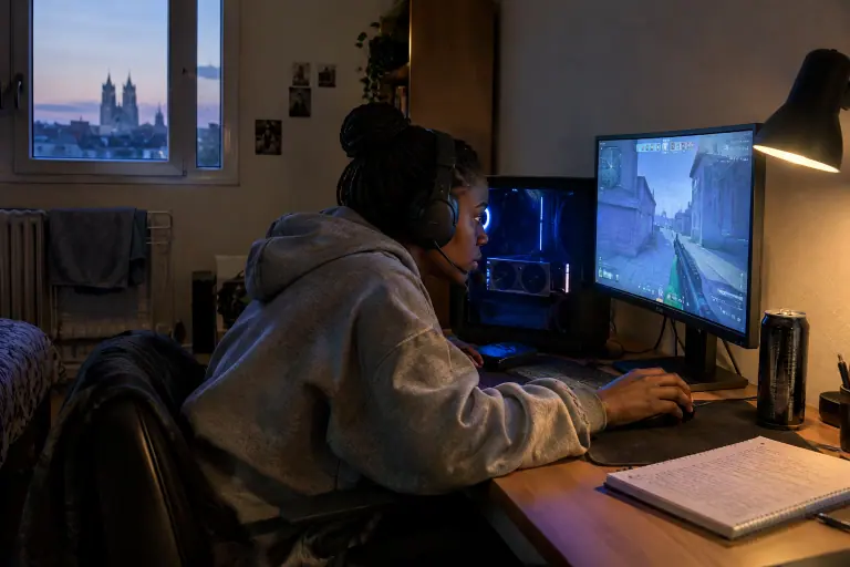 À Orléans, une étudiante joue à un jeu de tir compétitif sur un écran de 24 pouces, à côté d’un PC compact équipé d’une carte à deux ventilateurs