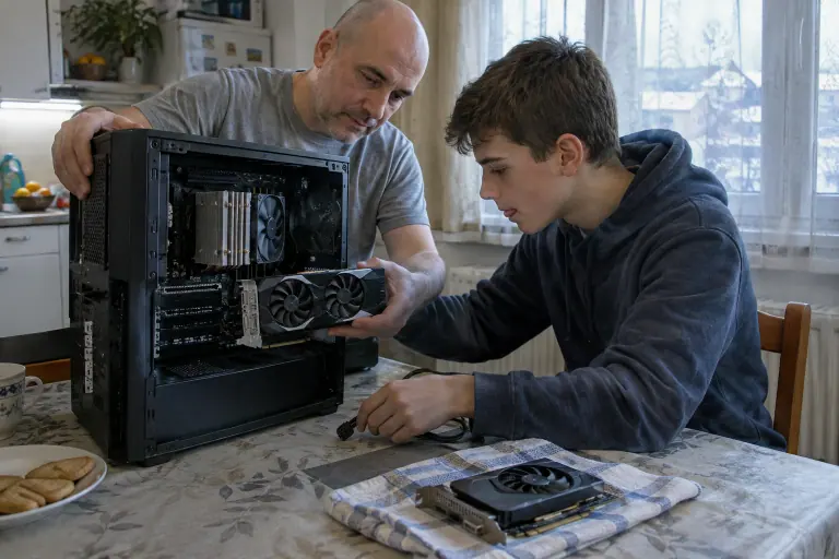 Un père tient une tour de PC sur la table de la cuisine pendant que son fils installe une carte graphique à deux ventilateurs