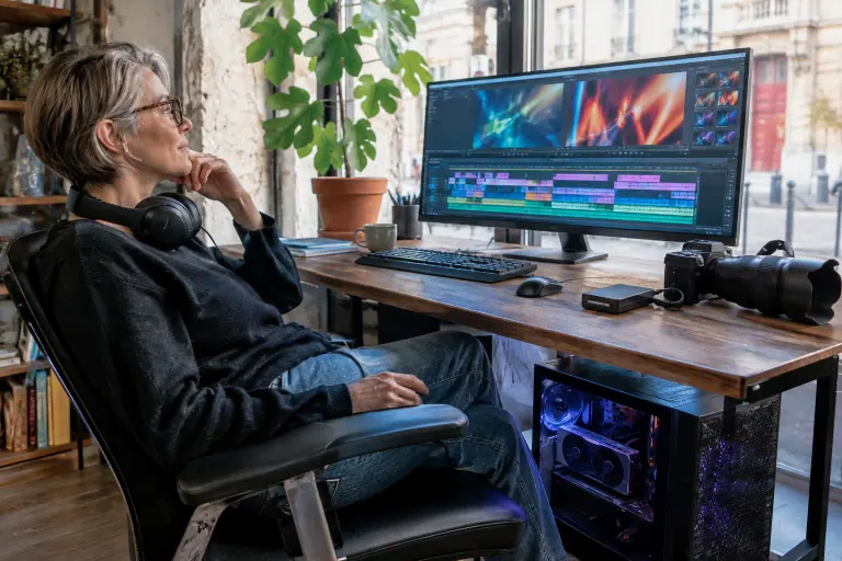 Une monteuse vidéo regarde sa timeline sur un grand écran dans un petit studio, son PC équipé d’une carte graphique à deux ventilateurs sous le bureau