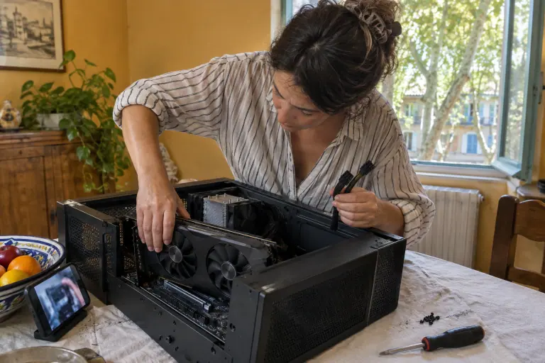 À Avignon, une femme enfonce une carte graphique à deux ventilateurs dans un PC ouvert sur sa table, deux câbles d’alimentation PCIe à la main