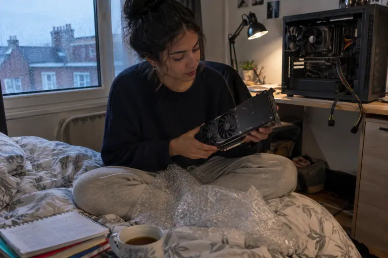 Une étudiante déballe une carte graphique d’occasion à deux ventilateurs sur son lit, devant une tour de PC ouverte, un soir de pluie à Lille