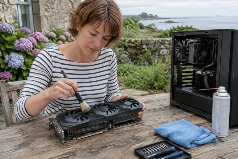Une femme dépoussière au pinceau une carte graphique à trois ventilateurs sur une table de jardin, à côté d’une tour de PC ouverte