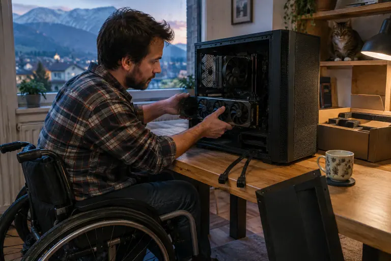 Près de Chambéry, un homme en fauteuil roulant installe une longue carte graphique à trois ventilateurs dans un PC ouvert posé sur une table à sa hauteur