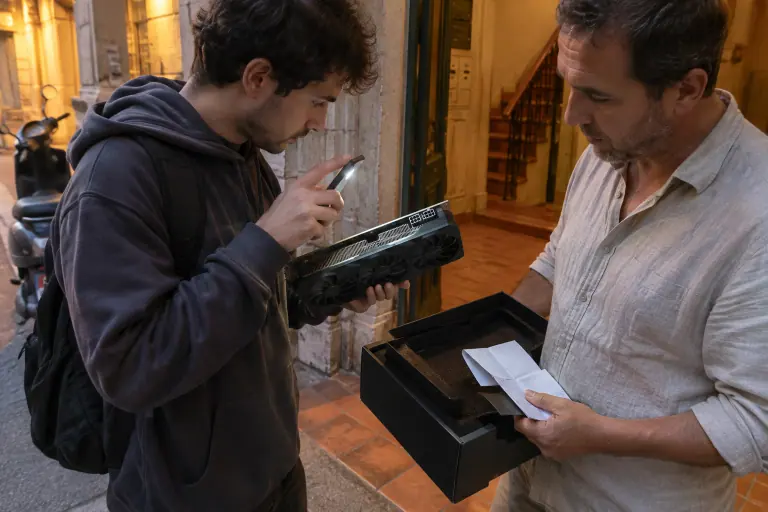 Sur le pas d’une porte à Marseille, un jeune acheteur inspecte à la lampe de son téléphone une carte graphique d’occasion à trois ventilateurs