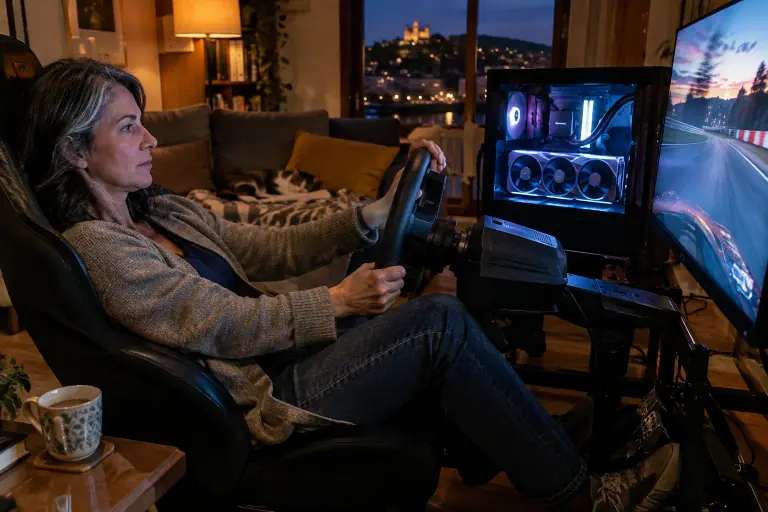 Une femme joue à un jeu de course sur un siège de simracing la nuit, à côté d’un PC vitré équipé d’une grande carte graphique à trois ventilateurs
