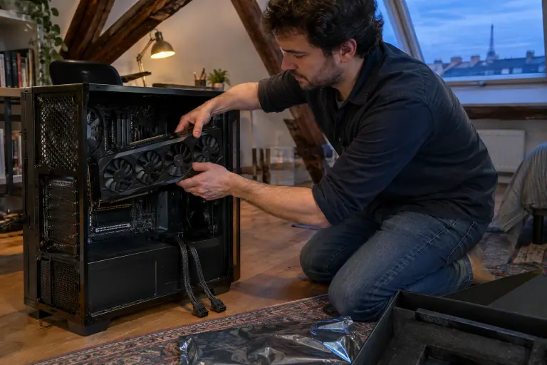 Un homme installe une longue carte graphique à trois ventilateurs dans une grande tour ouverte posée sur le parquet d’un bureau mansardé