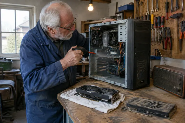 Dans son atelier, un retraité dépoussière une vieille tour PC avant d’y installer une carte graphique compacte à deux ventilateurs posée sur un chiffon