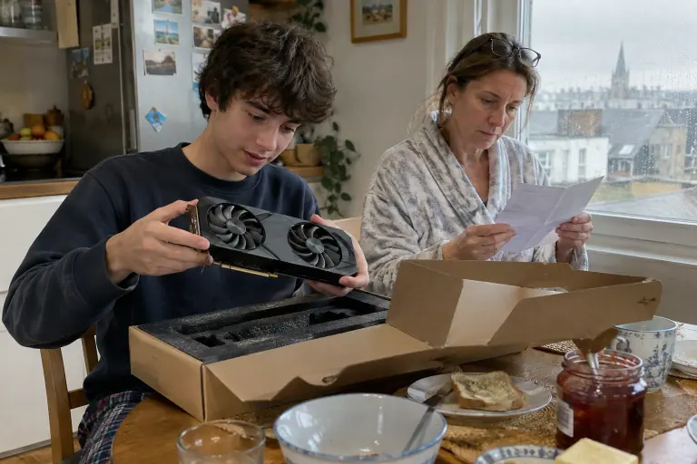 Un adolescent sort une carte graphique à deux ventilateurs de sa boîte sur la table du petit-déjeuner, sa mère lit la notice à côté de lui
