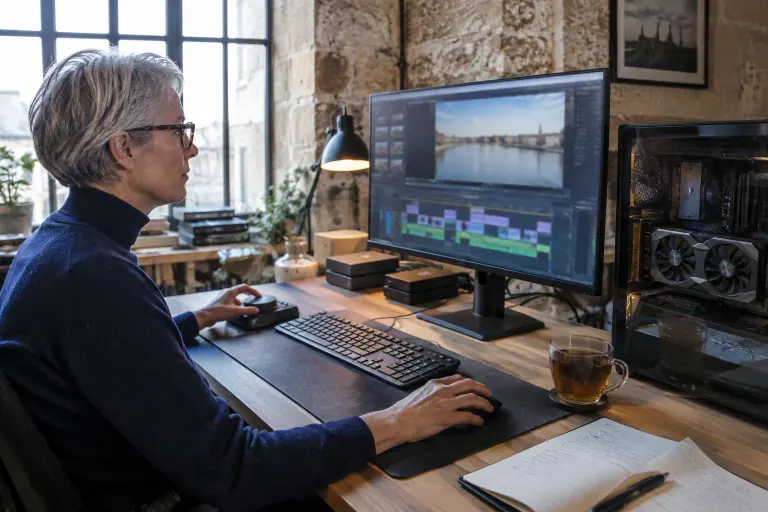 Une monteuse aux cheveux argentés travaille sur un documentaire dans un studio bordelais, son PC vitré laissant voir une carte graphique à deux ventilateurs