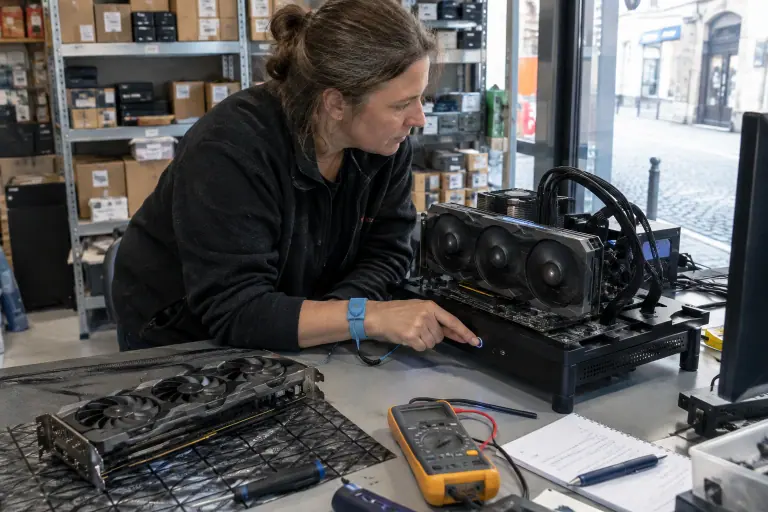 Dans un atelier de réparation lyonnais, une technicienne teste une carte graphique d’occasion à trois ventilateurs sur un banc ouvert