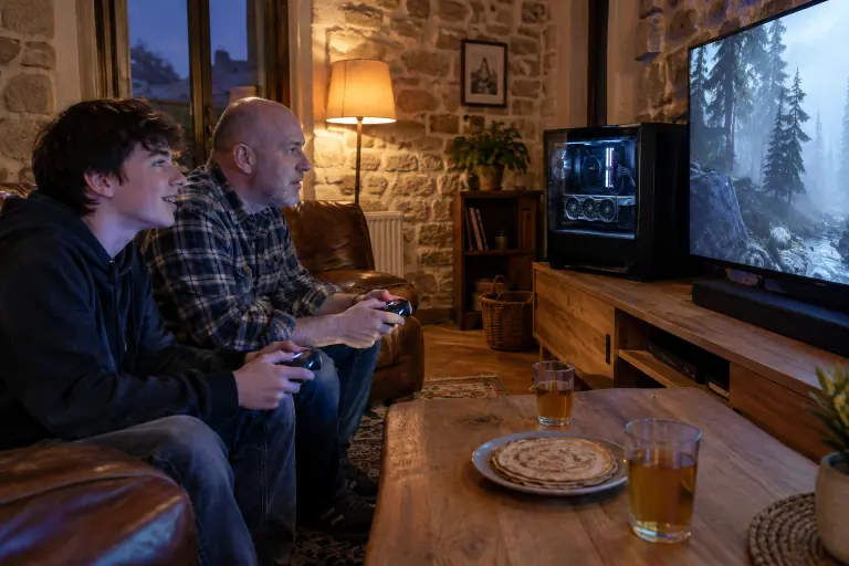 Un père et son fils adolescent jouent en coopération sur un grand téléviseur relié à une tour vitrée équipée d’une longue carte graphique