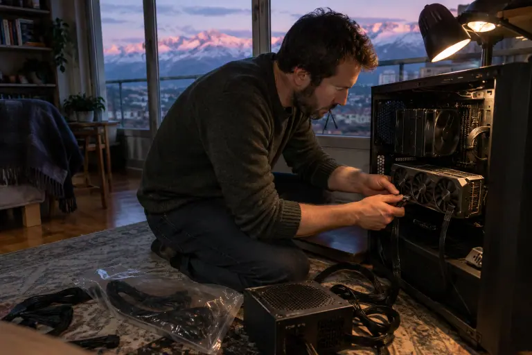 À Grenoble, un homme branche le second câble PCIe 8 broches d’une longue carte graphique à trois ventilateurs dans un grand boîtier ouvert