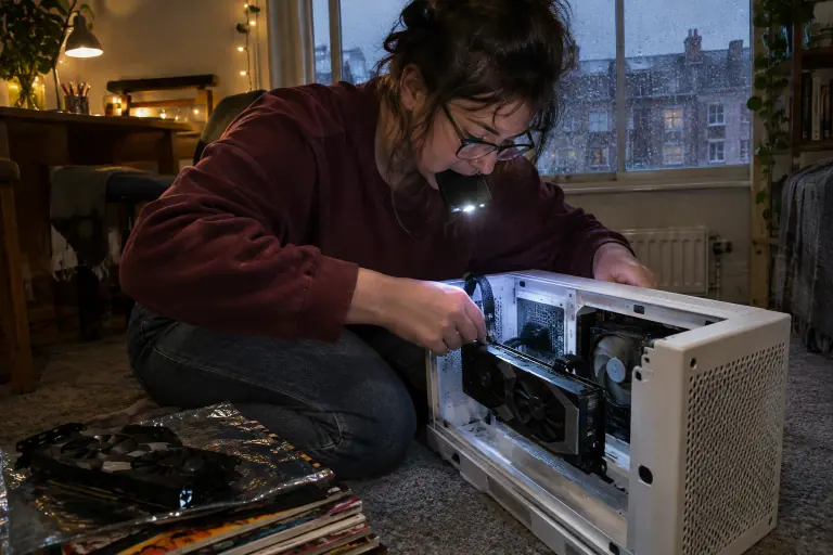 Une jeune femme branche le câble 8 broches d’une carte graphique compacte à deux ventilateurs dans un petit boîtier blanc couché sur la moquette