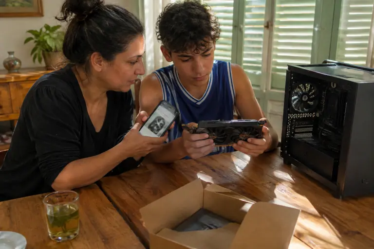Une mère et son fils adolescent examinent une carte graphique compacte à deux ventilateurs sur la table du salon, à côté d’un petit boîtier PC ouvert