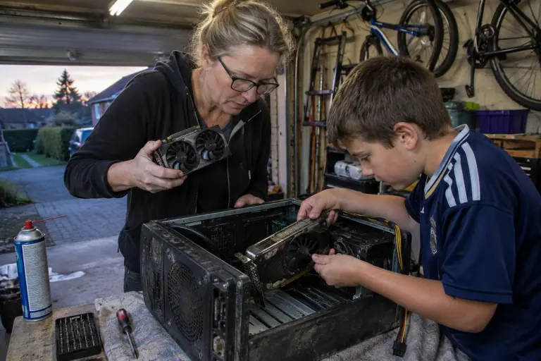 Une mère et son fils remplacent la carte graphique d’une vieille tour poussiéreuse par une carte compacte à deux ventilateurs, dans un garage