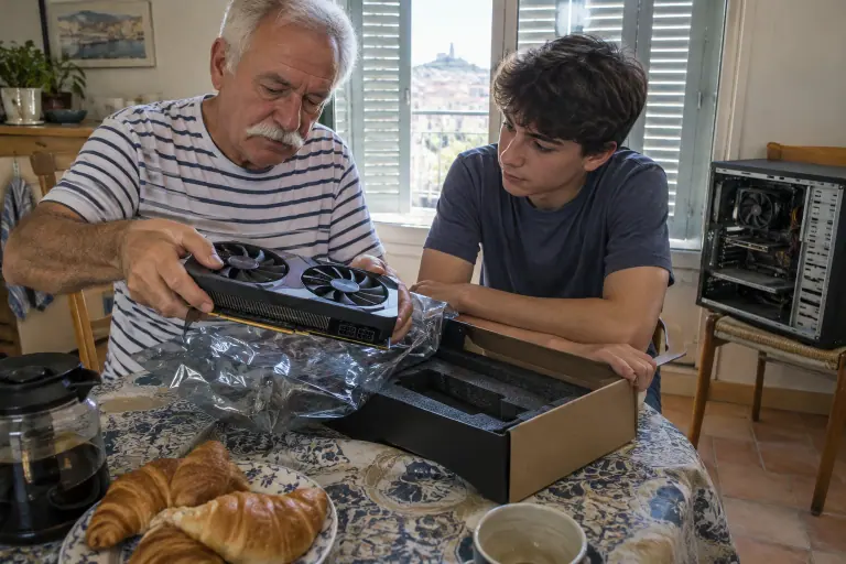 Un grand-père sort une carte graphique à deux ventilateurs de son sachet antistatique sous le regard de son petit-fils, sur une table de cuisine
