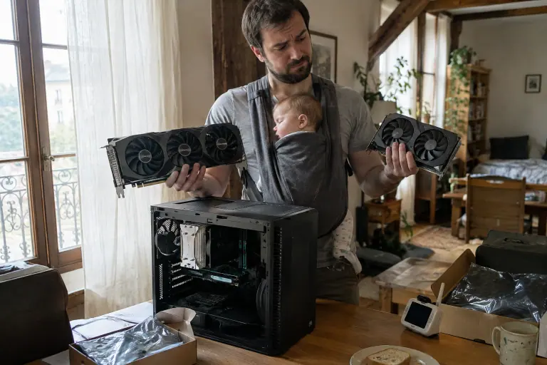 Un jeune père, son bébé endormi en écharpe, compare une longue carte graphique à trois ventilateurs et une plus courte à deux ventilateurs