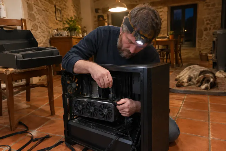 Un homme à la frontale branche le second câble PCIe 8 broches sur une longue carte graphique à trois ventilateurs installée dans une tour ouverte