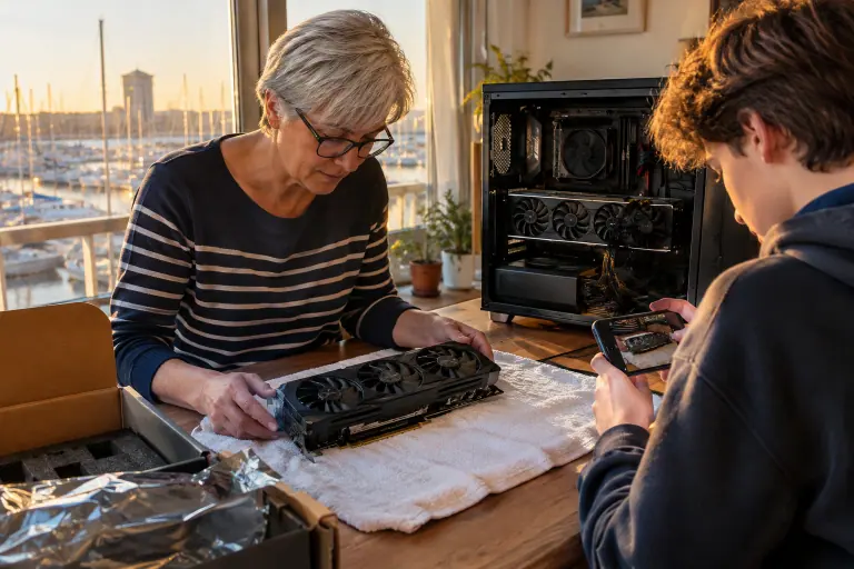 Une femme pose son ancienne carte graphique à trois ventilateurs sur une serviette pendant que son fils la photographie pour la revendre