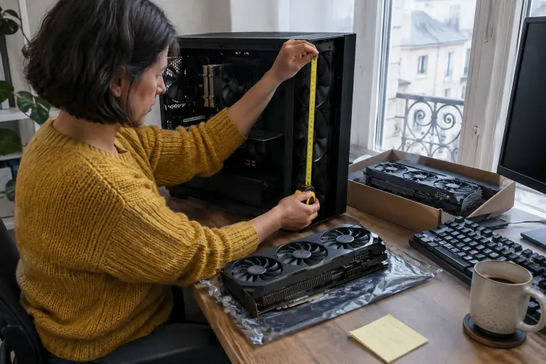Une femme mesure au mètre ruban la place libre dans une tour ouverte, à côté de deux longues cartes graphiques à trois ventilateurs posées sur son bureau