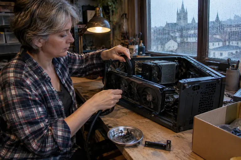 Une femme branche le câble d’alimentation 16 broches d’une longue carte graphique à trois ventilateurs, dans un PC couché sur son établi