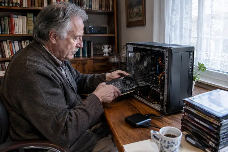 Un homme d’une soixantaine d’années installe une courte carte graphique à un ventilateur dans une petite tour de bureau, dans son bureau à Limoges