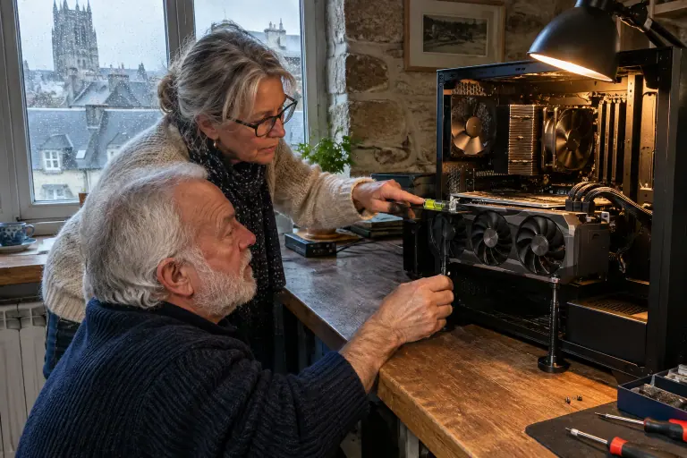 Un homme âgé règle une petite béquille sous l’avant d’une longue carte graphique pendant que sa femme montre le niveau à bulle posé dessus