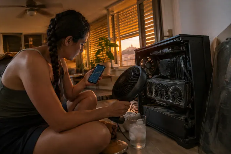 Un soir d’été, une femme assise par terre dirige un petit ventilateur vers un PC ouvert dont la carte graphique chauffe, en surveillant les températures
