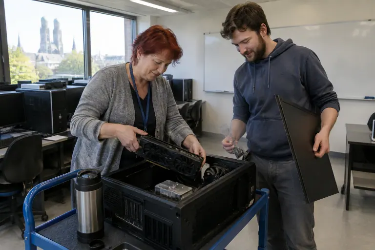 Dans une salle informatique d’université à Orléans, une technicienne installe une grande carte graphique dans une station de travail aidée d’un doctorant