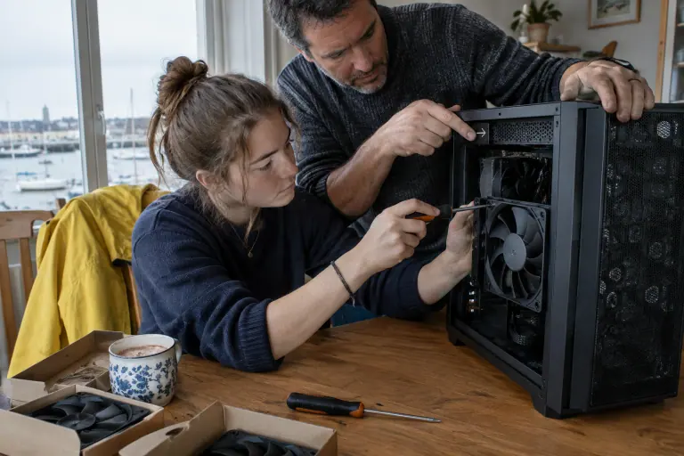 Une adolescente visse un ventilateur derrière la façade d’un boîtier PC pendant que son oncle lui montre la flèche du sens de l’air