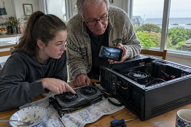 Dans une cuisine en Bretagne, une adolescente montre à son grand-père les ventilateurs immobiles de la carte graphique d’un PC ouvert