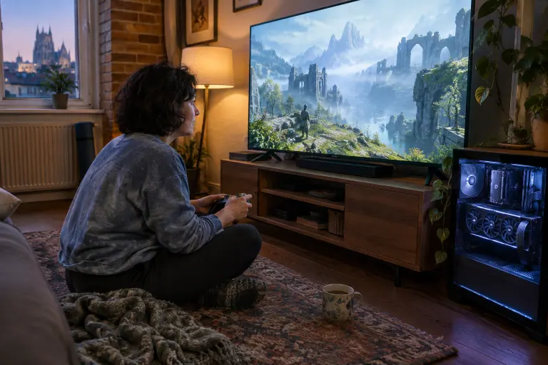Dans un salon à Reims, une femme assise en tailleur joue à un jeu en monde ouvert sur un téléviseur relié à un PC compact à carte triple ventilateur