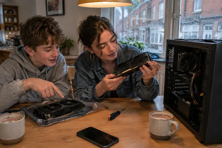 À Amiens, un adolescent et sa grande sœur comparent deux cartes graphiques compactes à deux ventilateurs sur la table de la cuisine, à côté d’un vieux PC ouvert