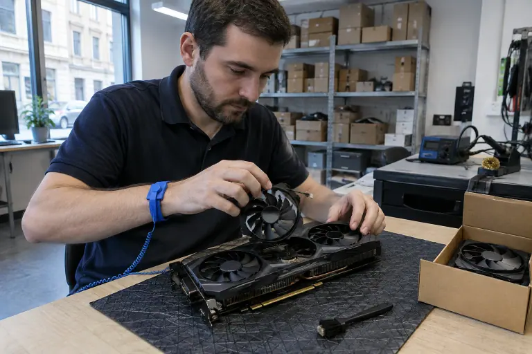 Un technicien retire à la main un ventilateur d’une carte graphique à trois ventilateurs posée sur un tapis antistatique, dans un atelier à Dijon