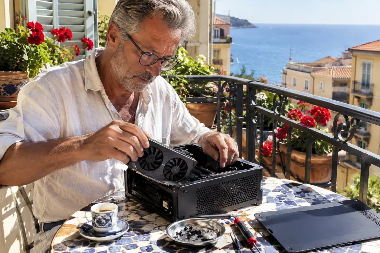 Un homme d’une soixantaine d’années glisse une courte carte graphique à deux ventilateurs dans un mini PC, sur la table de son balcon à Nice